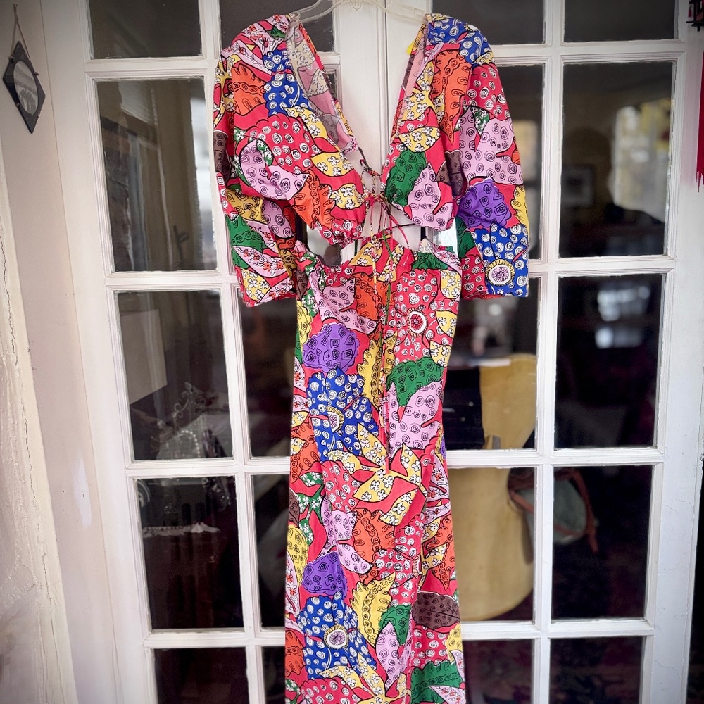 Mara Hoffman Maxi Floral Cut-Out Shaina Puff-Sleeve Dress Organic Cotton Sz. L - Picture 7 of 12